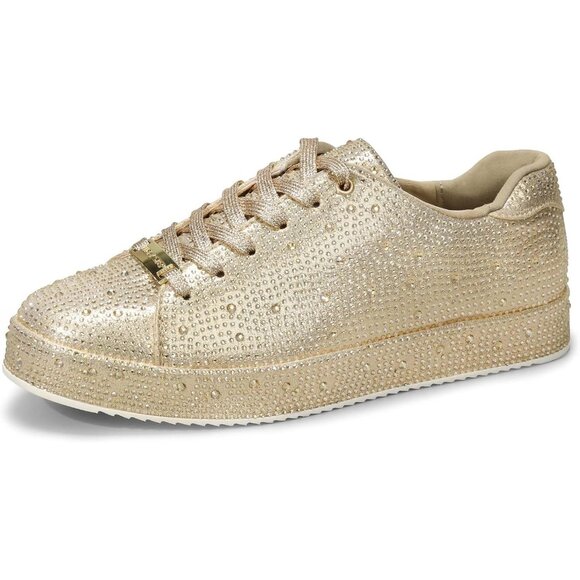 Lucky Step Gold Pewter Bridal Rhinestone Bling Glitter Bedazzled Shiny Sneakers - Picture 1 of 9